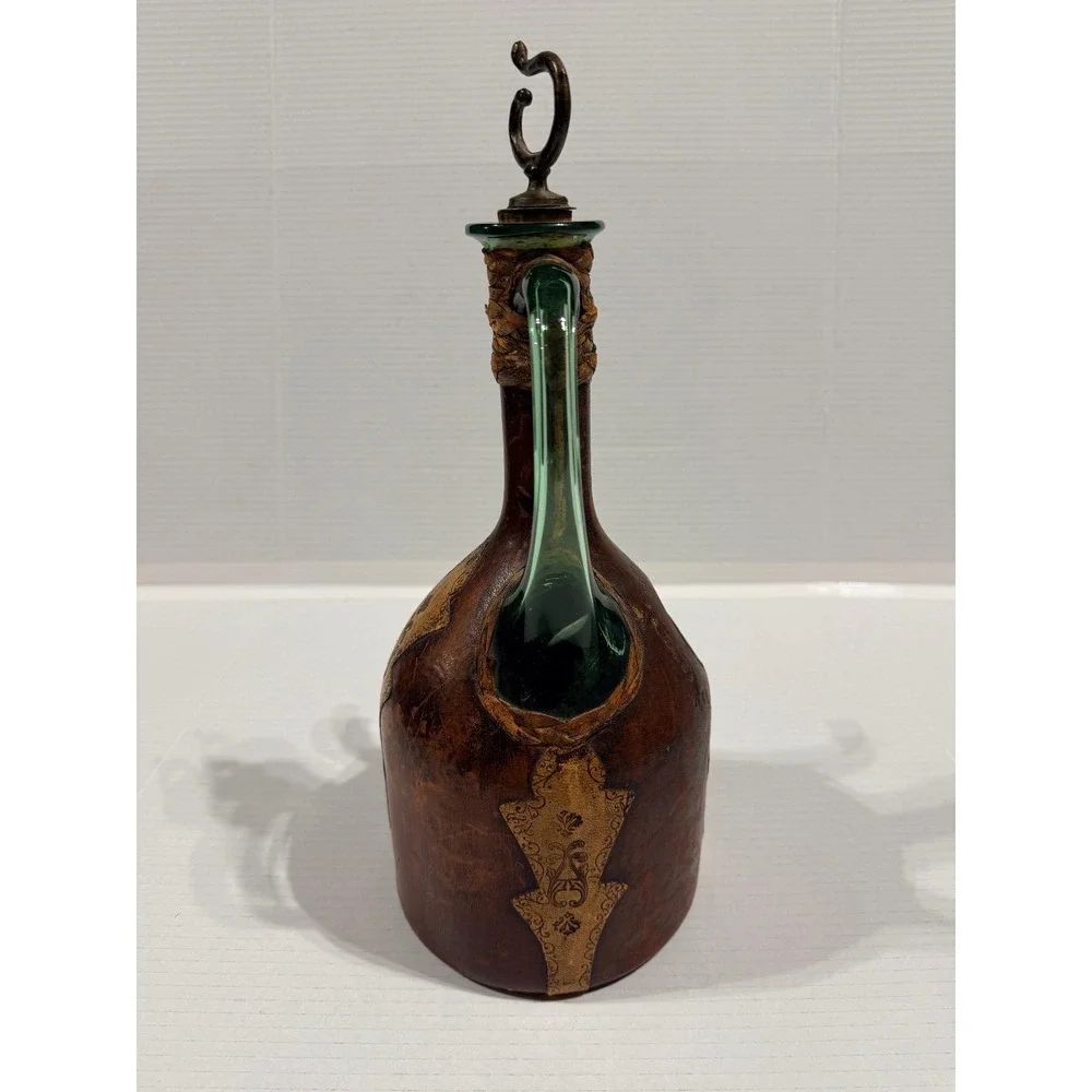 Vintage MCM Italian‎ Leather Wrapped Green Glass Decanter Bottle - 14.5